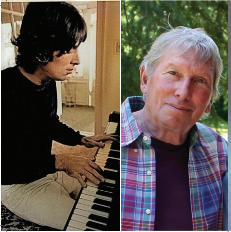 Jim Valley at piano in 1979, and current
